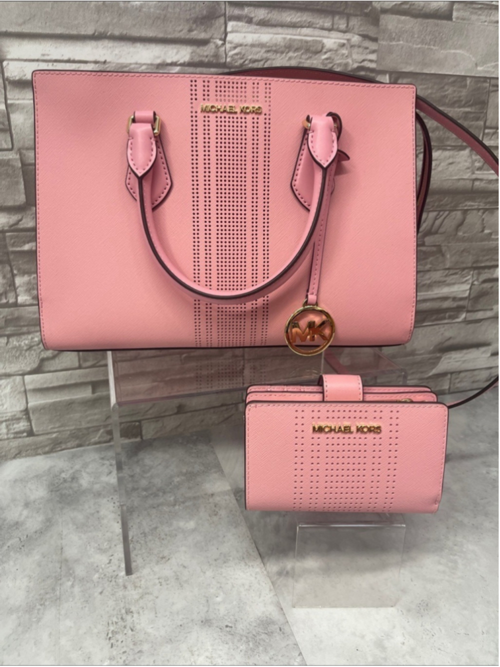 Michael Kors Sheila Medium CZ Satchel & Matching Wallet Carnation Pink